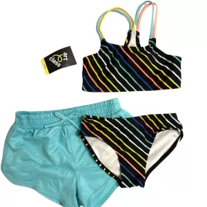 Art Class Girls’ Striped Swimsuit 3 Piece Set Bikini And Shorts, Size XS (4/5)